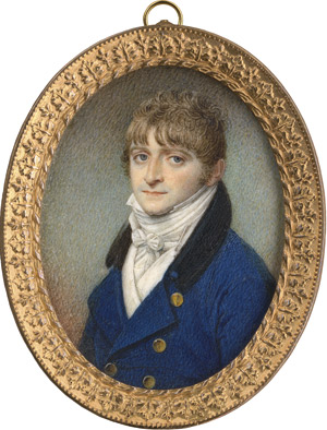 Lot 6425, Auction  114, Englisch, um 1805/1810. Bildnis eines jungen Mannes in dunkelblauer Jacke mit schwarzem Kragen und weißer Weste 