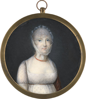 Lot 6430, Auction  114, Rath, Henriette, Bildnis einer jungen Frau in besticktem weißem Kleid mit rostrotem Schal.