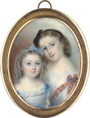 Lot 6443, Auction  114, Französisch, um 1840. Doppelbildnis zweier kleiner Mädchen in weißen Kleidern, die ältere dunkelhaarig, die jüngere blond