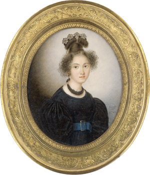 Lot 6454, Auction  114, Fourcade, Joseph, Bildnis einer jungen Frau mit Schildpattkamm im hoch frisierten Haar, in schwarzem Kleid mit blauem Gürtelband
