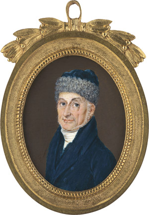 Lot 6457, Auction  114, Deutsch, um 1800/1810. Bildnis eines Mannes mit pelzbesetzter blauer Samtkappe, in blauer Jacke und weißer Halsbinde