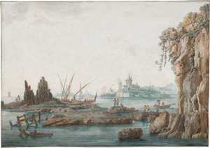 Lot 6633, Auction  114, Kniep, Christoph Heinrich, Südliche felsige Küstenlandschaft mit Seehafen und Fischerbooten