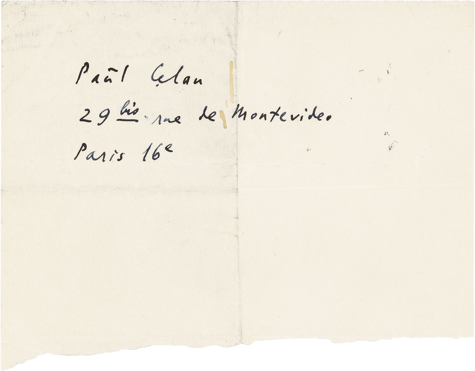 Lot 2514, Auction  115, Celan, Paul, 2 eigenhänd. Zettel mit seiner Adresse