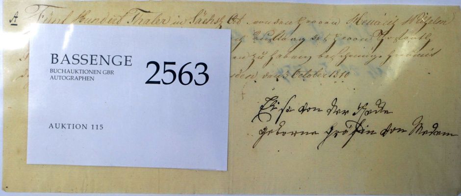 Lot 2563, Auction  115, Recke, Elisa von der, Quittung 1810