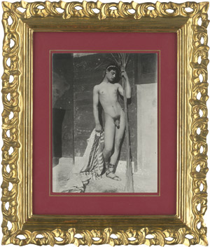Lot 4023, Auction  115, Gloeden, Wilhelm von, Young male nude on terrace with cloth and palm leaf