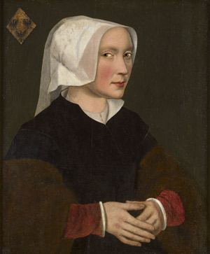 Lot 6000, Auction  115, Deutsch, Mitte 16. Jh. Bildnis einer jungen Frau mit weißer Haube, links oben drei schwarze Wappenadler in brauner Raute