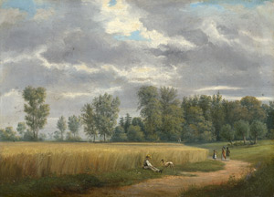 Lot 6044, Auction  115, Deutsch, Um 1840. Sommerlicher Landschaft mit Spaziergängern bei einem Weizenfeld