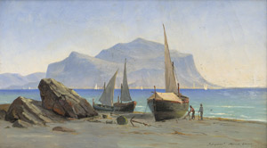 Lot 6062, Auction  115, Olsen, Alfred Theodor, Fischerboote am Strand von Palermo, im Hintergrund der Monte Pellegrino