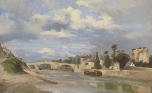 Lot 6103, Auction  115, Französisch, 19. Jh. Flusslandschaft mit steinerner Brücke.