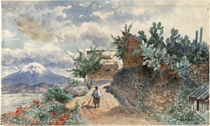 Lot 6370, Auction  115, Lohr, August, 2 Aquarelle: Mexikanische Kirche vor dem Popocatépetl. Dorfweg mit Blick zum Popocatépetl.