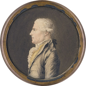 Lot 6464, Auction  115, Französisch, um 1780/1790. Profilbildnis eines jungen Mannes nach links, in heller Jacke und gelber Weste mit weißem Rüschenjabot
