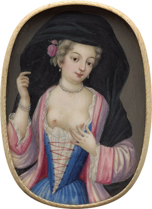 Lot 6469, Auction  115, Venezianisch, um 1720. Bildnis einer venezianischen Dirne, ihren schwarzen Schleier gelüpft, entblößt