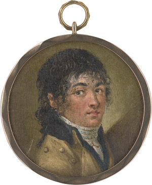 Lot 6471, Auction  115, Deutsch oder Österreichisch, um 1800. Bildnis eines schwarzgelockten jungen Mannes in beiger Jacke mit schwarzem Kragen