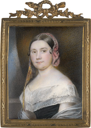 Lot 6487, Auction  115, Deutsch oder Russisch, um 1840. Bildnis einer Frau in schwarzem Keid mit weißem Spitzenbesatz und Schal