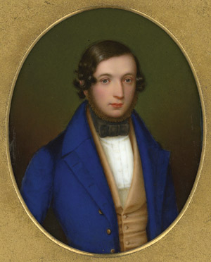 Lot 6488, Auction  115, Deutsch, um 1840. Porzellanminiatur: Bildnis eines bärtigen jungen Mannes in blauer Jacke mit gelber Weste und schwarzer Halsbinde
