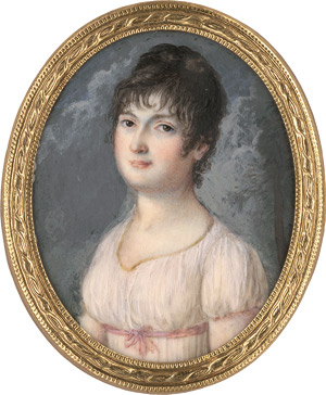 Lot 6534, Auction  115, Französisch, um 1800. Bildnis einer jungen Frau in weißem Chemisekleid mit rosa Gürtelschleife