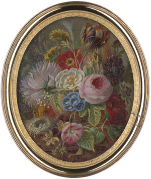 Lot 6542, Auction  115, van Spaendonck, Cornelis - Werkstatt, Ovales Blumenstillleben mit Vogelnest (fixé-sous-verre)