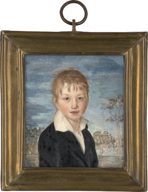 Lot 6544, Auction  115, Französisch, um 1805/1810. Bildnis eines kleinen Jungen in schwarzer Jacke, in Landschaft stehend