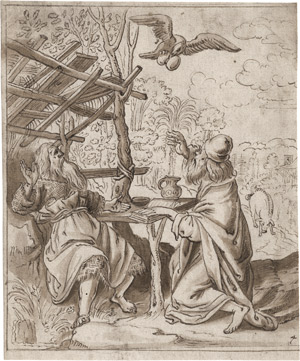 Lot 6613, Auction  115, Niederländisch, um 1600. Der Rabe bringt den Heiligen Antonius und Paulus das Brot