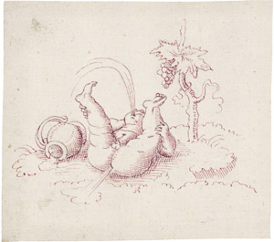 Lot 6635, Auction  115, Solis, Virgil - Umkreis, Trunkener Putto auf dem Rücken liegend und Wein speiend