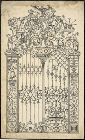 Lot 6903, Auction  115, Deutsch, um 1730. Entwurf für ein reich geschmücktes schmiedeisernes Torportal 