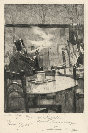 Lot 8493, Auction  115, Ury, Lesser, Herr mit Zylinder vor einem Kaffeehausfenster - in Rückenansicht