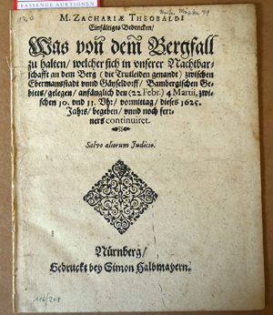 Lot 208, Auction  116, Theobald, Zacharias,  Eynfältiges Bedencken, Was von dem Bergfall zu halten