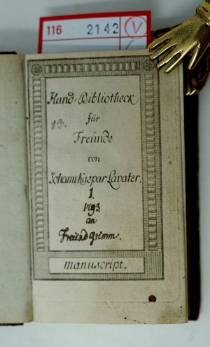 Lot 2142, Auction  116, Lavater, Johann Caspar, Hand-Bibliotheck für Freunde, Jg 1793, Bände I-VI