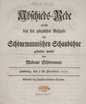 Lot 2287, Auction  116, Schönemann, Anna Rahel, Abschieds-Rede bey der Aufgabe der Schönemannischen Schaubühne