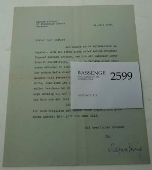 Lot 2599, Auction  116, Zweig, Stefan, Brief 1936 an Viktor Zuckerkandl