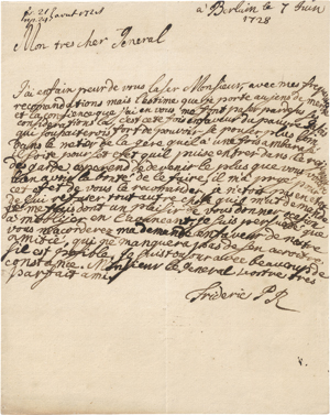 Lot 2683, Auction  116, Friedrich II., der Große, König von Preußen, Eigenhändiger Brief des Sechzehnjährigen