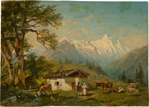 Lot 6328, Auction  116, Reinhold, Franz, Alpenlandschaft mit Almhütte und Vieh; Gardekürassier bei der Rast in einem Dorf