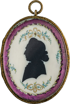 Lot 6452, Auction  116, Deutsch, um 1780. Silhouette Portrait eines Mannes im Profil nach links, umrahmt von Schleifen und Vergissmeinnicht-Zweigen