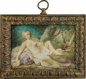 Lot 6464, Auction  116, Charlier, Jacques - Werkstatt, Miniatur Portrait einer nackten Frau, in Landschaft sitzend und zwei Tauben streichelnd