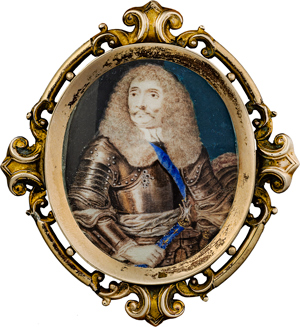Lot 6466, Auction  116, Französisch, um 1660/1670. Miniatur Portrait des Antoine III. duc de Gramont in Rüstung mit Marschallstab
