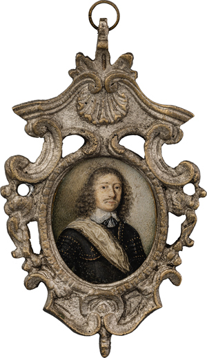 Lot 6467, Auction  116, Englisch, um 1650. Miniatur Portrait eines Mannes in schwarzer Rüstung mit weißer Schärpe