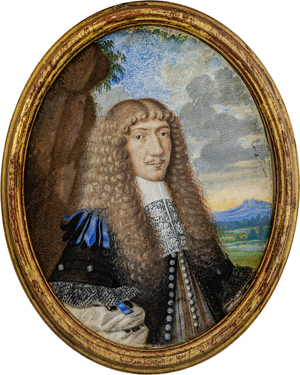 Lot 6470, Auction  116, Deutsch, um 1670. Miniatur Portrait eines Mannes mit hellbrauner Allongeperücke, vor Landschaftshintergrund