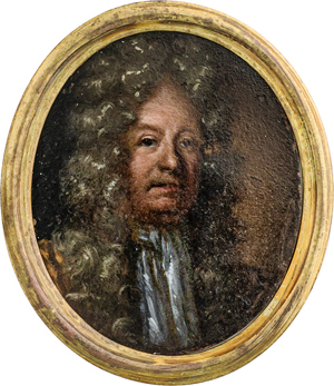 Lot 6474, Auction  116, Deutsch, um 1690/1700. Miniatur Portrait eines Mannes mit Allongeperücke, in goldfarbigem Gewand