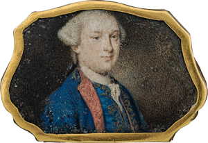 Lot 6486, Auction  116, Kontinentaleuropäisch, um 1750/1760. Miniatur Portrait eines jungen Mannes mit gepuderter Perücke, in rot gefütterter blauer Jacke und Weste