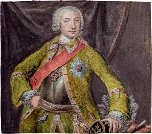 Lot 6488, Auction  116, Russisch, um 1740/1750. Miniatur Portrait eines russischen Offiziers in grüner Jacke mit St. Annen-Orden