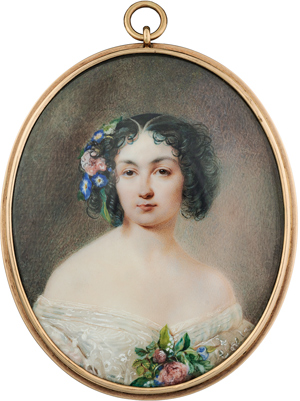 Lot 6499, Auction  116, Schreinzer, Karl August Matvejewitsch - zugeschrieben, Miniatur Portrait einer jungen Gräfin in schulterfreiem weißem Kleid mit Blumen am Ausschnitt