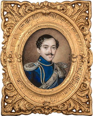 Lot 6500, Auction  116, Sprewitz, Nikolaiy Bogdan Danilowitsch, Miniatur Portrait eines schnurrbärtigen jungen Offiziers in blauer Uniform mit Silberepauletten 