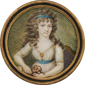 Lot 6502, Auction  116, Graff - zugeschrieben, Miniatur Portrait einer mißmutigen jungen Frau in weißem Kleid, mit sie leckendem Schoßhund