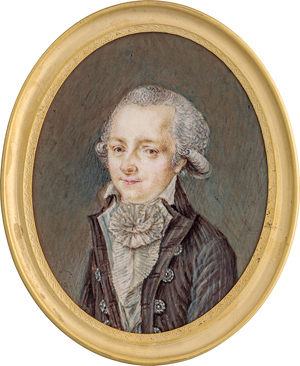 Lot 6509, Auction  116, Garbi, Domenico - zugeschrieben, Miniatur Portrait eines jungen Mannes in gestreifter grauer Jack mit weißem Rüschenjabot
