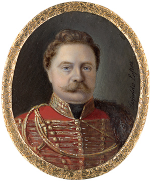 Lot 6544, Auction  116, Lopez, Leopoldo, Miniatur Portrait eines schnurbärtigen Offiziers in roter Husarenuniform mit goldenen Verschnürungen