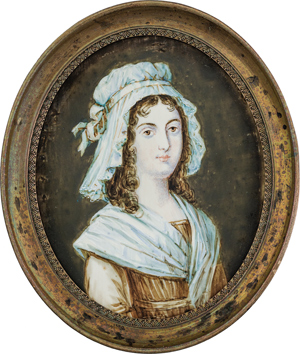 Lot 6554, Auction  116, Europäisch, Miniatur Portrait der Charlotte Corday in hellbraunem Kleid mit weißem Fichu und Haube
