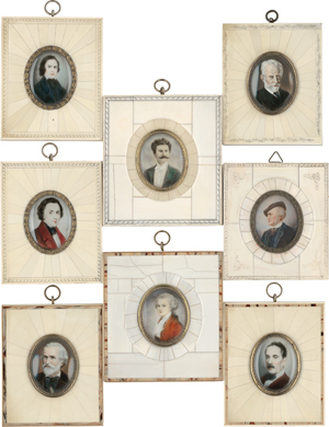 Lot 6562, Auction  116, Europäisch, frühes 20. Jahrhundert. 8 ovale Miniatur Portraits von berühmten Komponisten, darunter Mozart, Schumann, Verdi