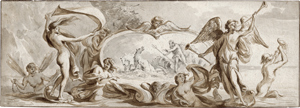 Lot 6619, Auction  116, Niederländisch, 17. Jh. Ornamententwurf mit Neptun in seinem Meereswagen in einer Kartusche