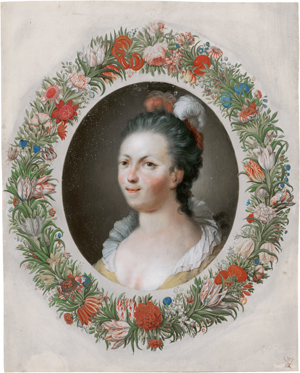 Lot 6625, Auction  116, Merian, Maria Sibylla - zugeschrieben, Junge Frau (Selbstbildnis?) mit Federkopfschmuck im reich geschmückten Blumenrahmen