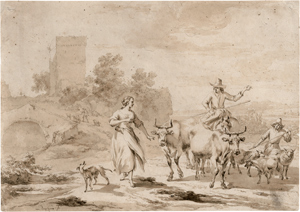 Lot 6628, Auction  116, Berchem, Nicolaes, Campagnalandschaft mit Schäferin und einem Reiter mit Herde.